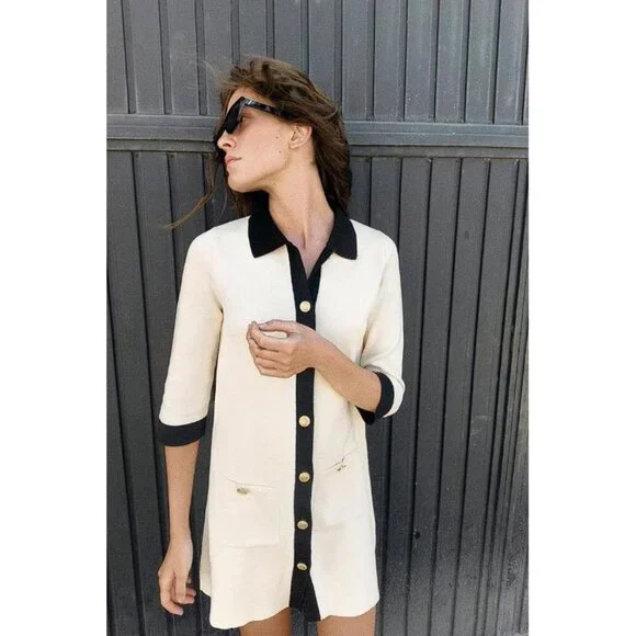 zara black and white knit dress NEW ZARA The Knitwear Collection BLACK SHORT SLEEVES KNIT BLACK DRESS SZ M